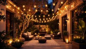 A photograph of a beautifully illuminated outdoor patio scene featuring a stylish arrangement of string lights draped overhead