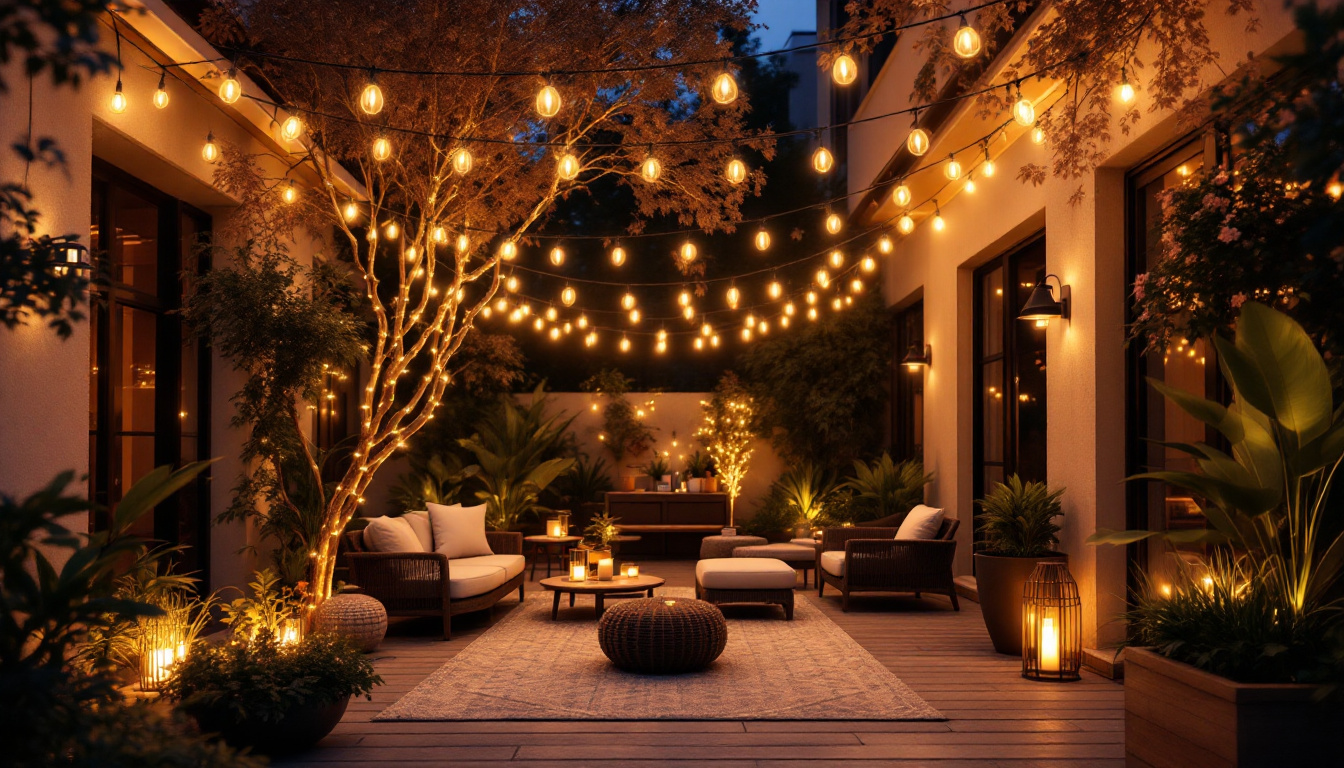 A photograph of a beautifully illuminated outdoor patio scene featuring a stylish arrangement of string lights draped overhead