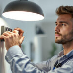 A photograph of a lighting contractor installing a timer on a stylish light fixture