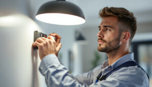 A photograph of a lighting contractor installing a timer on a stylish light fixture