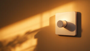 A photograph of a beautifully designed dimmer switch in a stylish interior setting