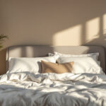A photograph of a beautifully styled bedding setup in a softly lit bedroom