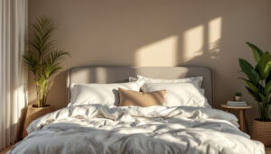 A photograph of a beautifully styled bedding setup in a softly lit bedroom
