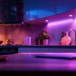 A photograph of a well-lit kitchen featuring stylish under-counter led lighting