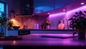 A photograph of a well-lit kitchen featuring stylish under-counter led lighting