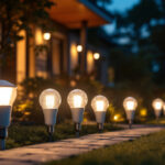 A photograph of a well-lit outdoor space showcasing various led flood light bulbs in use