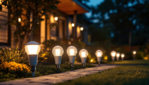 A photograph of a well-lit outdoor space showcasing various led flood light bulbs in use
