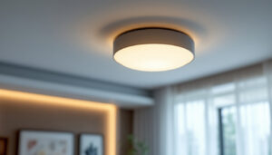 A photograph of a stylish flush ceiling light installed in a modern interior setting