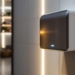 A photograph of a modern electric hand dryer installed in a stylish restroom setting