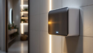 A photograph of a modern electric hand dryer installed in a stylish restroom setting