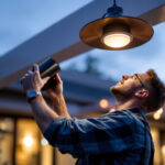 A photograph of a skilled lighting contractor installing or adjusting a stylish light fixture under a beautifully designed canopy