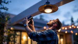 A photograph of a skilled lighting contractor installing or adjusting a stylish light fixture under a beautifully designed canopy