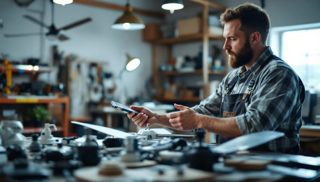 A photograph of capture a photograph of a lighting contractor examining various ceiling fan replacement parts
