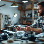 A photograph of capture a photograph of a lighting contractor examining various ceiling fan replacement parts
