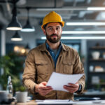 A photograph of a lighting contractor confidently presenting a modern