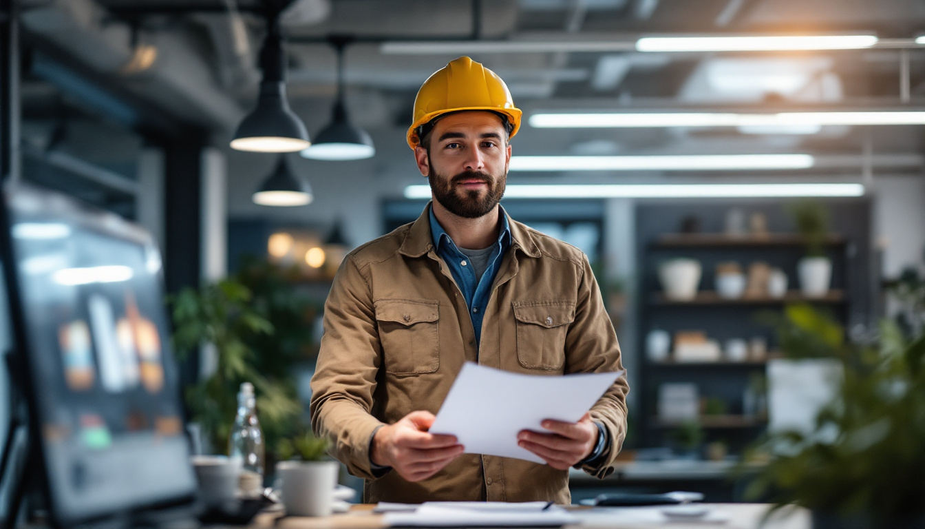 A photograph of a lighting contractor confidently presenting a modern