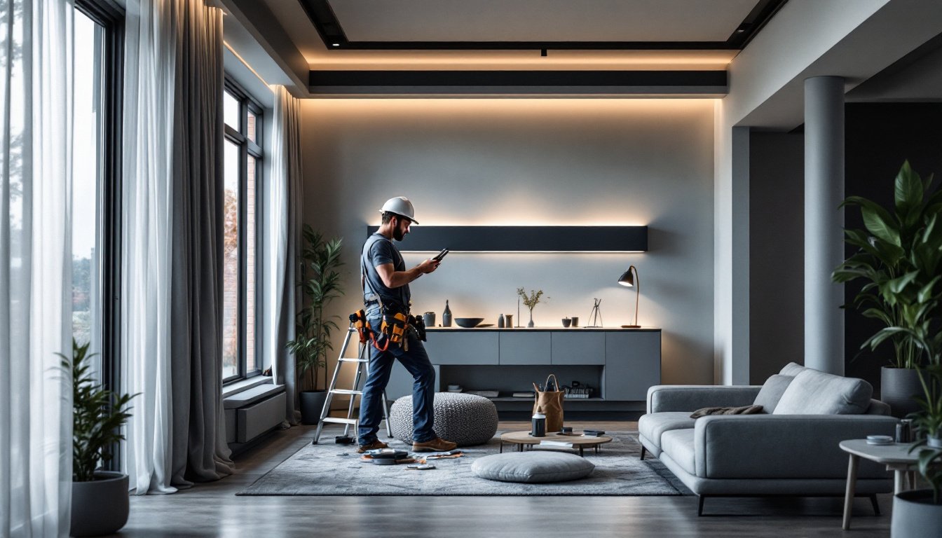 A photograph of a modern lighting installation showcasing smart solid-state lighting solutions in a stylish residential or commercial space