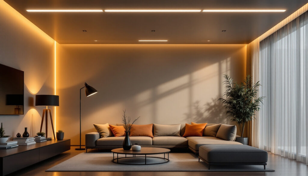 A photograph of a stylish modern room illuminated by sleek led ceiling lights