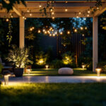 A photograph of a well-lit outdoor space showcasing various led flood lights illuminating a garden or patio area