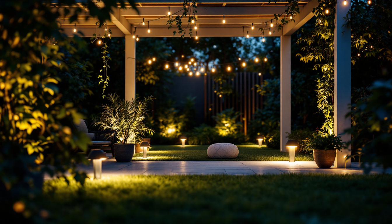 A photograph of a well-lit outdoor space showcasing various led flood lights illuminating a garden or patio area
