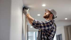 A photograph of a lighting contractor expertly installing led recess lights in a modern residential setting