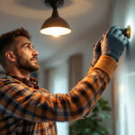 A photograph of a skilled lighting contractor expertly installing sylvania lighting fixtures in a modern residential or commercial space