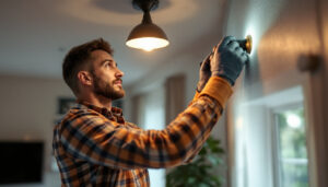 A photograph of a skilled lighting contractor expertly installing sylvania lighting fixtures in a modern residential or commercial space