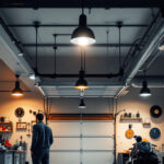 A photograph of a well-lit garage space featuring stylish and functional ceiling lamps