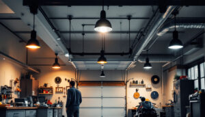 A photograph of a well-lit garage space featuring stylish and functional ceiling lamps