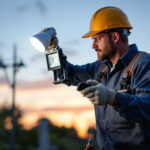 A photograph of a lighting contractor expertly installing flood lamp bulbs in a well-lit outdoor setting