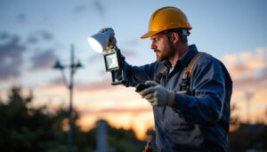 A photograph of a lighting contractor expertly installing flood lamp bulbs in a well-lit outdoor setting
