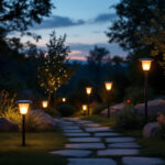 A photograph of a beautifully illuminated outdoor space at dusk