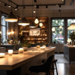 A photograph of a modern lighting showroom showcasing a diverse range of innovative lighting designs