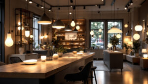 A photograph of a modern lighting showroom showcasing a diverse range of innovative lighting designs