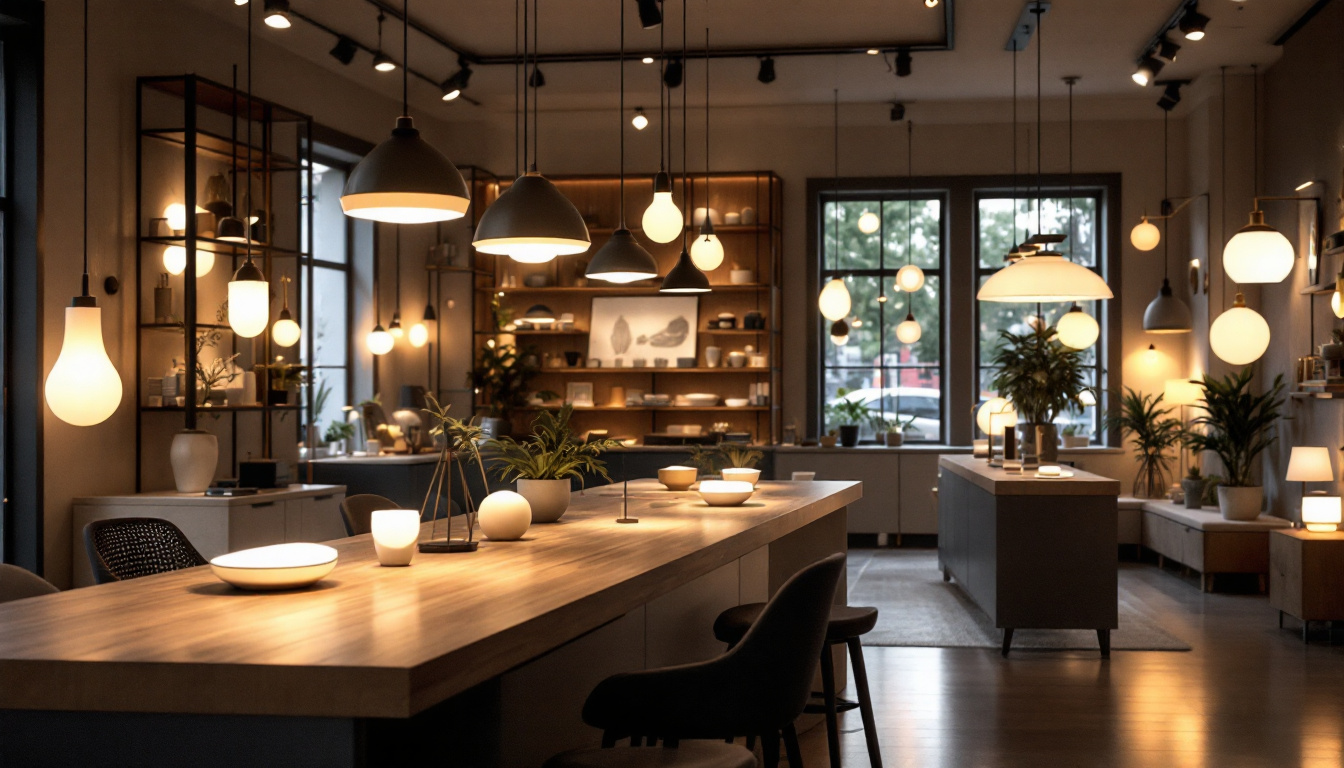 A photograph of a modern lighting showroom showcasing a diverse range of innovative lighting designs