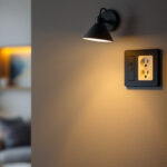 A photograph of a stylish light fixture with an integrated outlet