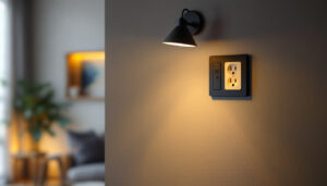 A photograph of a stylish light fixture with an integrated outlet