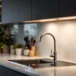 A photograph of a modern kitchen featuring stylish can lights