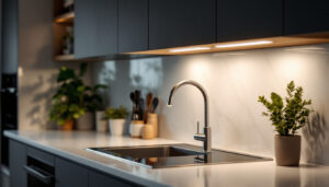 A photograph of a modern kitchen featuring stylish can lights