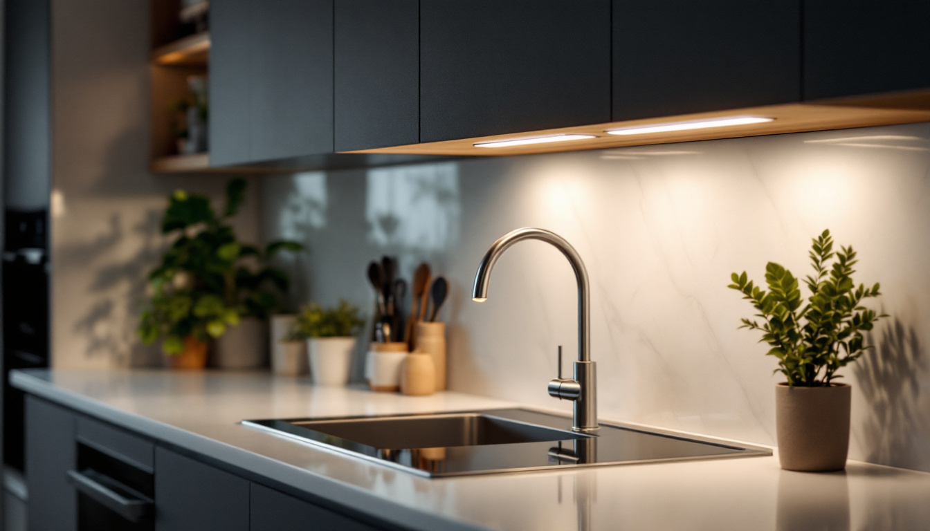 A photograph of a modern kitchen featuring stylish can lights