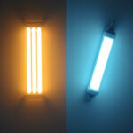A photograph of a side-by-side comparison of led and fluorescent light fixtures in a modern setting