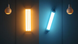 A photograph of a side-by-side comparison of led and fluorescent light fixtures in a modern setting