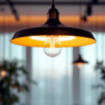 A photograph of a stylishly designed pendant lamp hanging from a ceiling in a modern interior setting