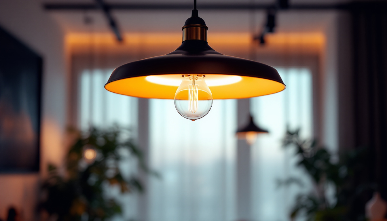 A photograph of a stylishly designed pendant lamp hanging from a ceiling in a modern interior setting