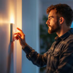 A photograph of a lighting contractor demonstrating the proper use of a light switch in a residential setting