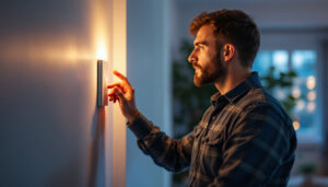 A photograph of a lighting contractor demonstrating the proper use of a light switch in a residential setting
