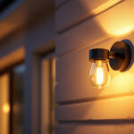 A photograph of a beautifully designed outdoor wall sconce lighting fixture installed on a stylish home exterior