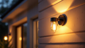A photograph of a beautifully designed outdoor wall sconce lighting fixture installed on a stylish home exterior