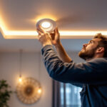 A photograph of a lighting contractor expertly installing ceiling recessed lights in a modern home
