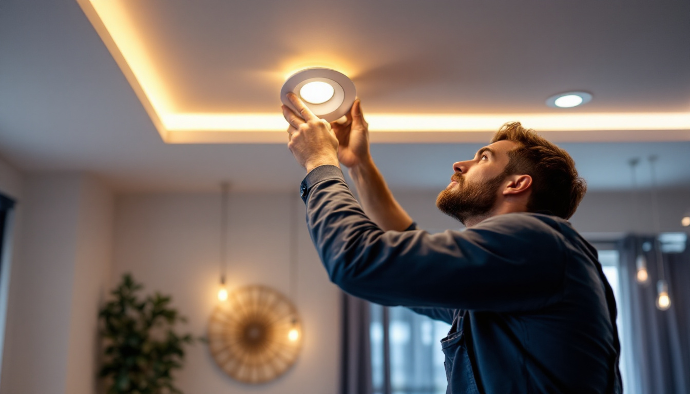 A photograph of a lighting contractor expertly installing ceiling recessed lights in a modern home